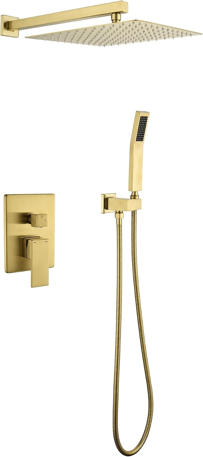 WELLFOR Brushed Gold 12" Wall Mounted Shower Faucet Set Single Handles by WELLFOR