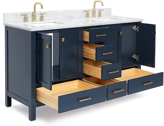 ARIEL Cambridge 61 Inch Midnight Blue Bathroom Vanity Double Sink, Solid Wood - Image 7