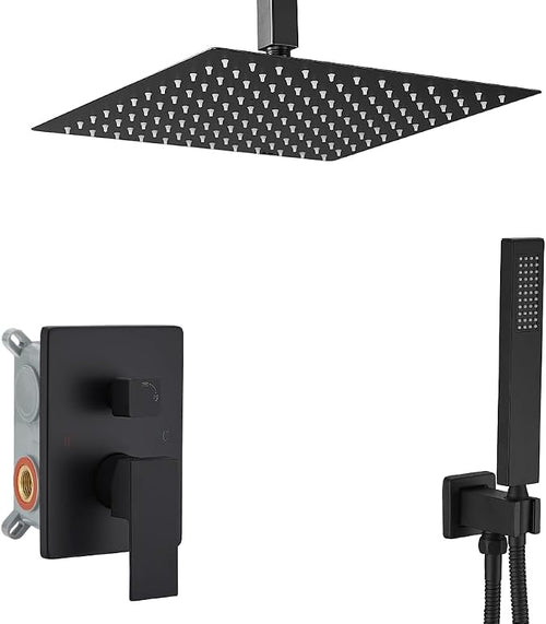 16 Inch Matte Black Ceiling Mount Shower System Bathroom Luxury Rain Mixer by YCAIKOI