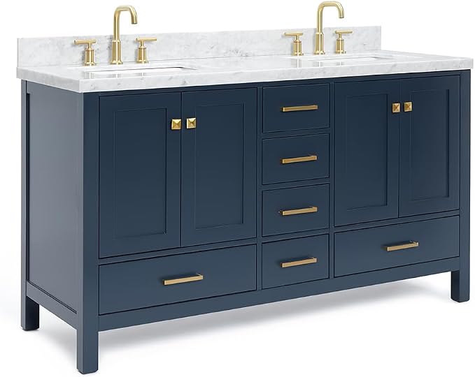 ARIEL Cambridge 61 Inch Midnight Blue Bathroom Vanity Double Sink, Solid Wood - Image 8