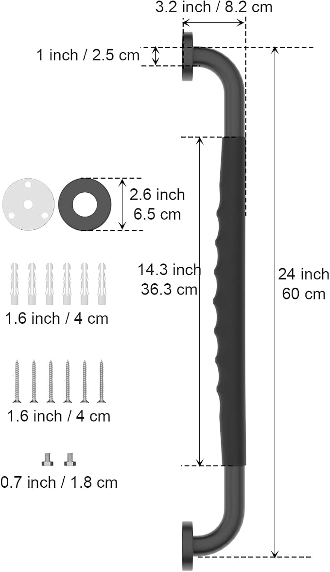 24 Inch Black Shower Grab Bar w/Anti Slip Rubber Grip, Munzong 2 Pack Stainless - Image 2