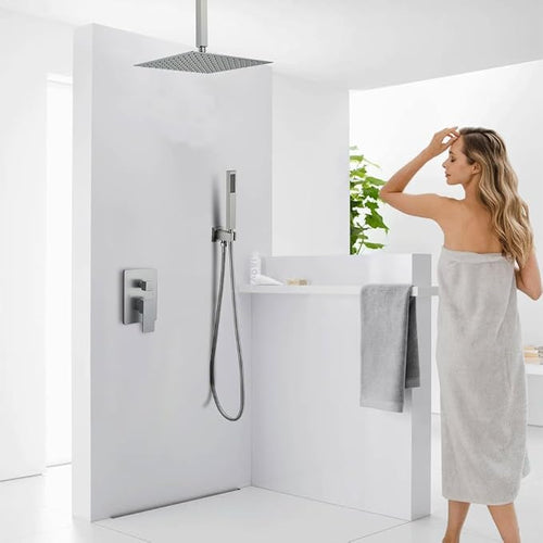 12 Inch Brushed Nickel Ceiling Mount Shower System Bathroom Luxury Rain Mixer - Image 2