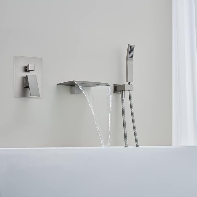 Wall Mount Tub Filler Waterfall Tub Faucet Brushed Nickel Bathtub Faucet Brass - Image 5
