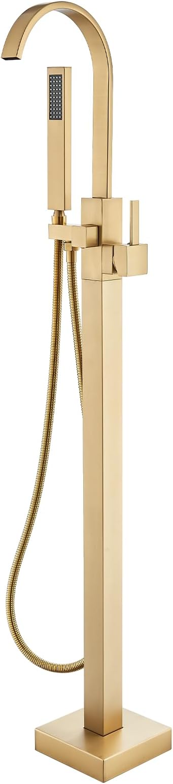 Freestanding Bathtub Faucet Floor Mounted Tub Filler Brushed Gold Single Handle by Pafilly