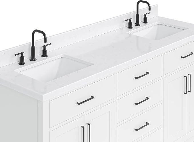 ARIEL Hepburn 72" White Double Vanity, 1.5" Edge Carrara Quartz Countertop & - Image 6