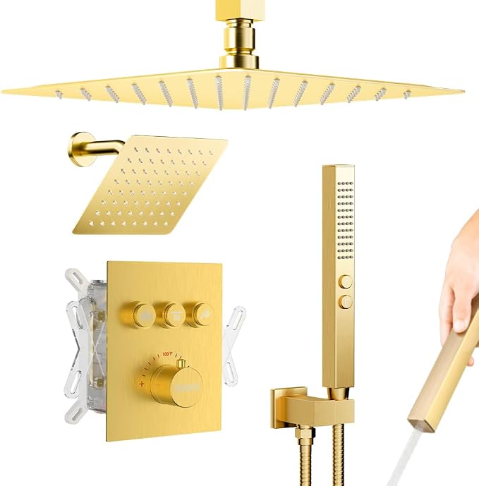 Brushed Gold Shower System, STARBATH Ceiling Mounted 12+8 Inch Rainfall Shower by STARBATH