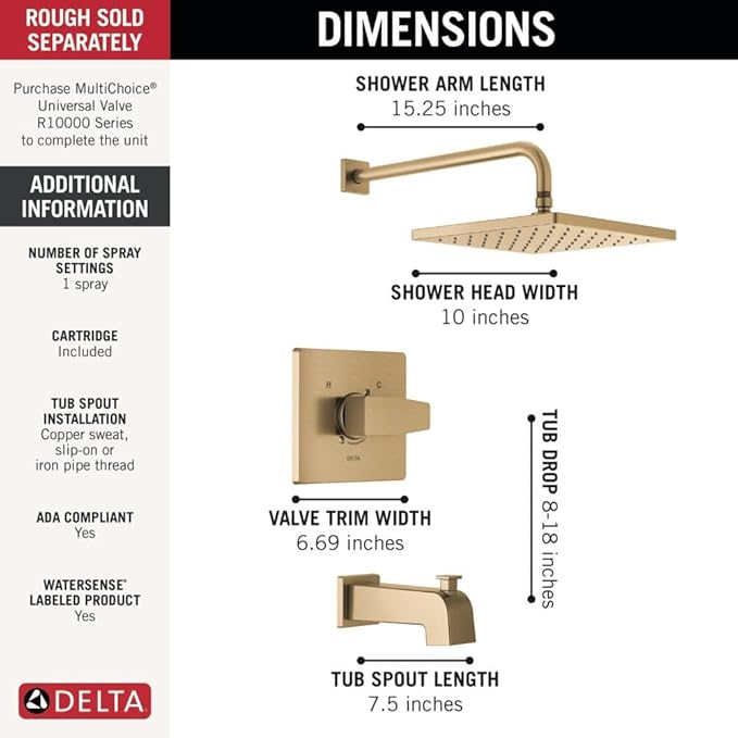 Delta Faucet Modern Raincan Square Single-Function Tub and Shower Trim Kit Gold - Image 3