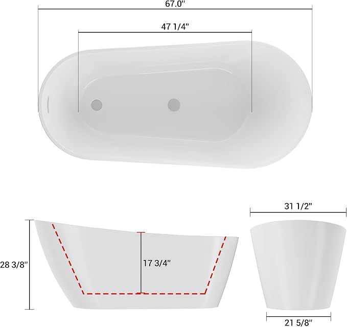 67 Inch Freestanding Acrylic Bathtub, Modern Soaking Tub - Image 2
