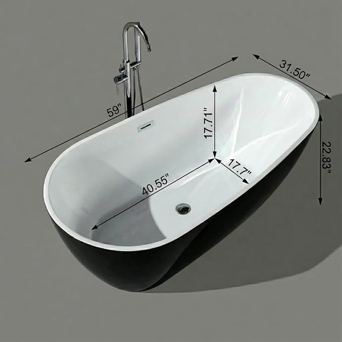 59" Freestanding Acrylic Bathtub, Deep Soaking Tub - Image 2