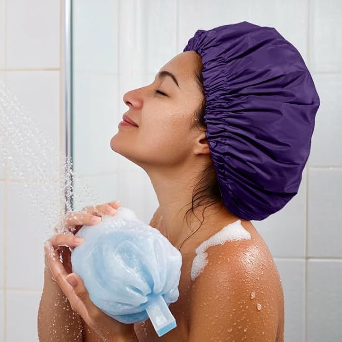 Reusable Shower Cap for Women, Large Waterproof Shower Bonnet Washable Elastic - Image 4