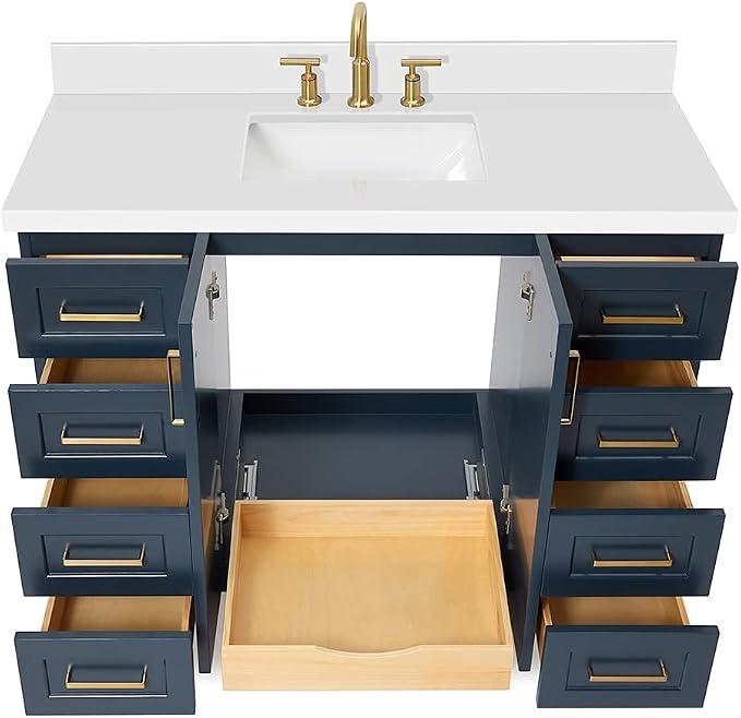 ARIEL 49" Midnight Blue Bathroom Vanity 1.5" Edge Pure White Quartz Countertop - Image 6