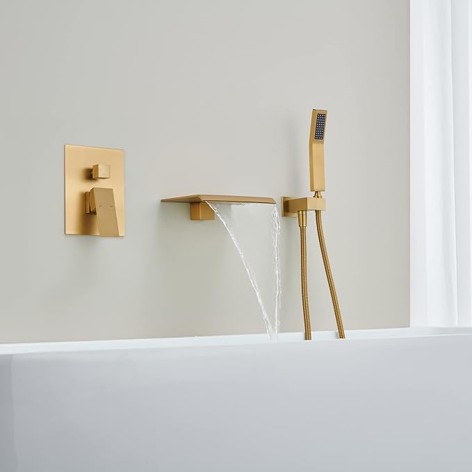 Wall Mount Tub Filler Waterfall Tub Faucet Brushed Gold Bathtub Faucet Brass - Image 5