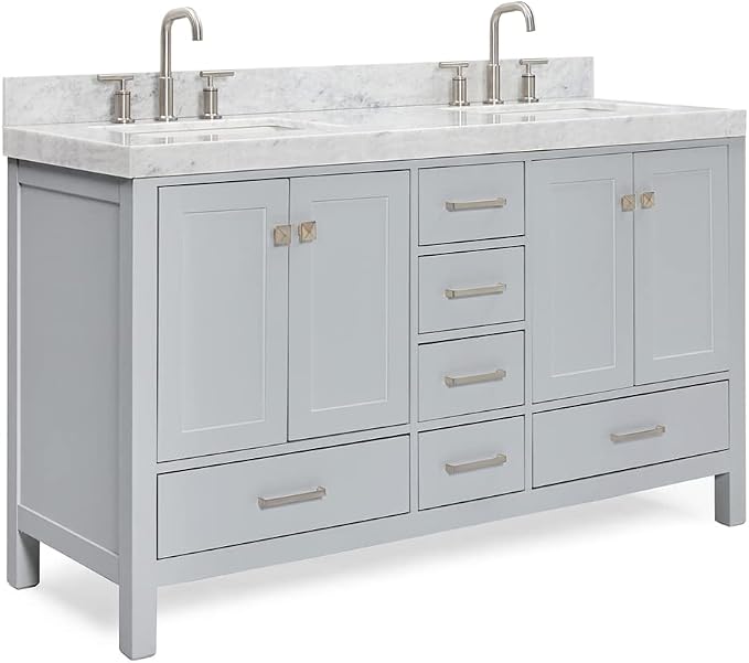 ARIEL Cambridge 60 Inch Grey Bathroom Vanity Double Sink, Solid Wood, Carrara - Image 8