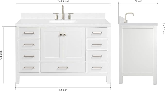 ARIEL Cambridge 54" White Bathroom Vanity, 1.5" Edge Carrara White Quartz - Image 2