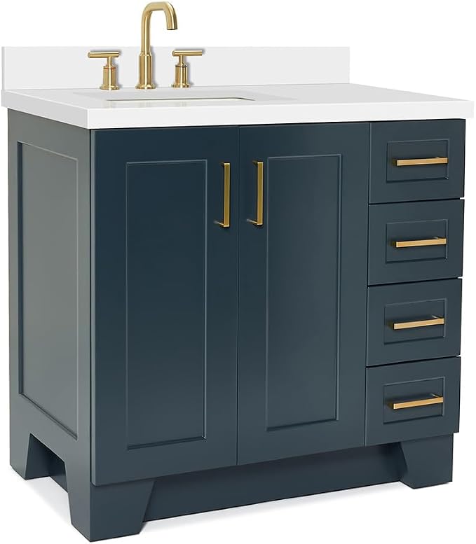 ARIEL 37" Midnight Blue Bathroom Vanity 1.5" Edge Pure White Quartz Countertop - Image 9