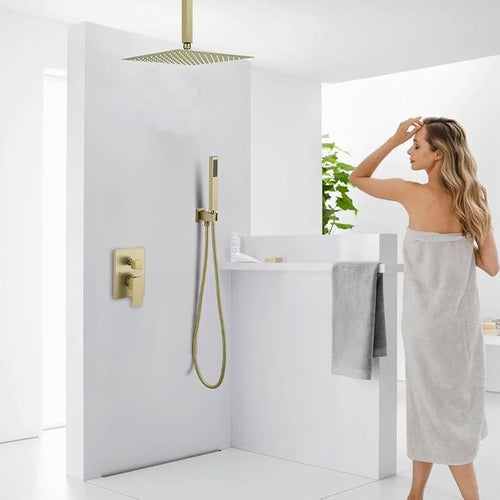 12 Inch Brushed Gold Ceiling Mount Shower System Bathroom Luxury Rain Mixer - Image 2
