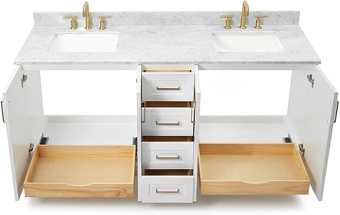 ARIEL 73" White Double Bathroom Vanity Italian Carrara Marble Countertop & - Image 4