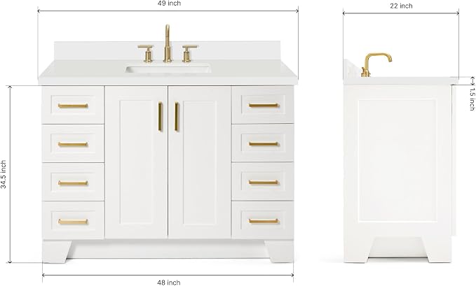 ARIEL 49" White Bathroom Vanity, 1.5" Edge Pure White Quartz Countertop & Splash - Image 2
