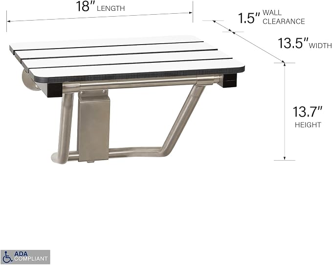18" x 15" Phenolic White 3” Slats Folding Wall Mount Shower Seat Bench - Image 2