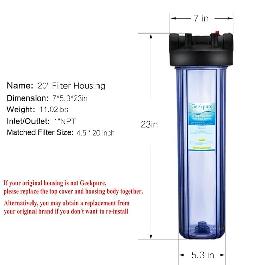 Geekpure 20 Inch Clear Whole House Water Filter Housing - Image 3