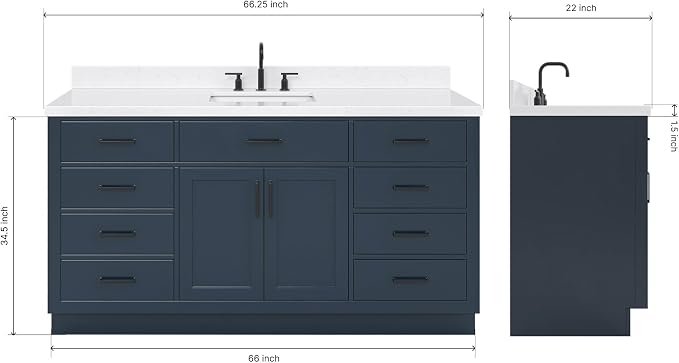 ARIEL Hepburn 66" Midnight Blue Bathroom Vanity, 1.5" Edge Carrara Quartz - Image 2