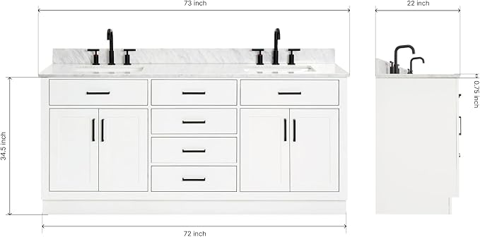 ARIEL Double Bathroom Vanity 73" White, Italian Carrara Marble Countertop & - Image 2