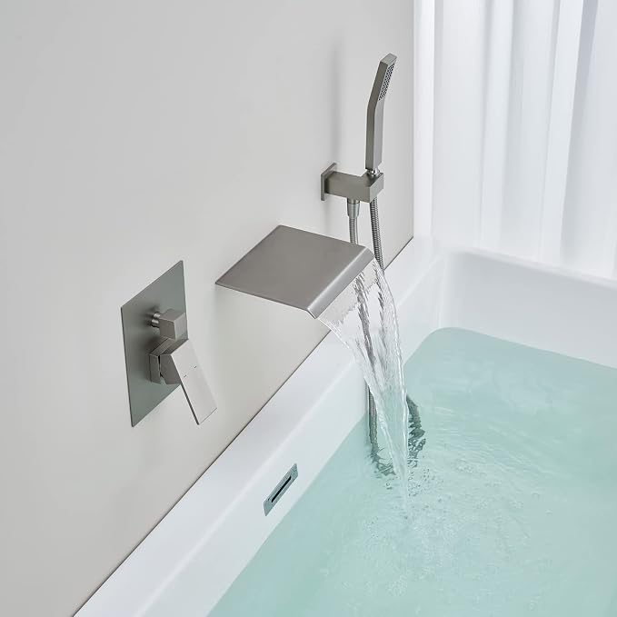Wall Mount Tub Filler Waterfall Tub Faucet Brushed Nickel Bathtub Faucet Brass - Image 4