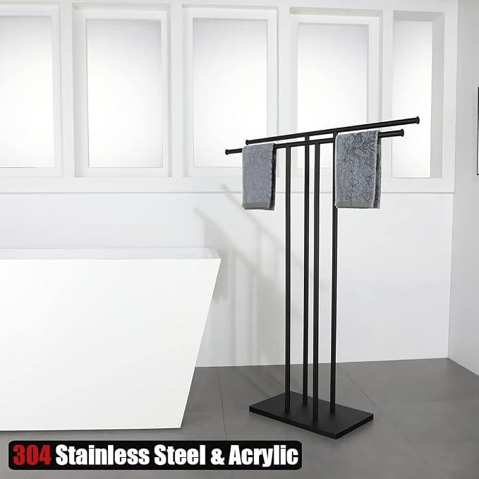 JQK Bath Towel Holder Stand Black, 30 Inch Free Standing Double Towel Rack Shelf - Image 3