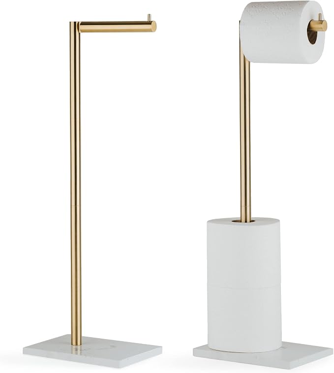 MARMOLUX ACC Free Standing Gold Toilet Paper Holder Stand White Marble Base and by MARMOLUXACC