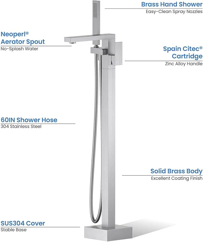KIBI Cube Brushed Nickel Freestanding Bathtub Faucet ‑ Floor‑Mounted Brass Tub - Image 3
