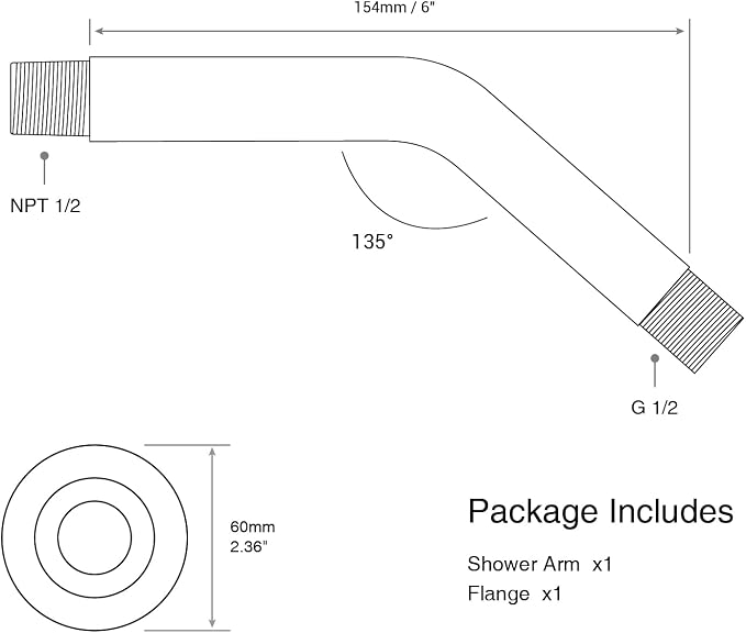 Angled Shower Arm with Flange ORB 6 Inch Stainless Steel Wall Mounted Extension - Image 7