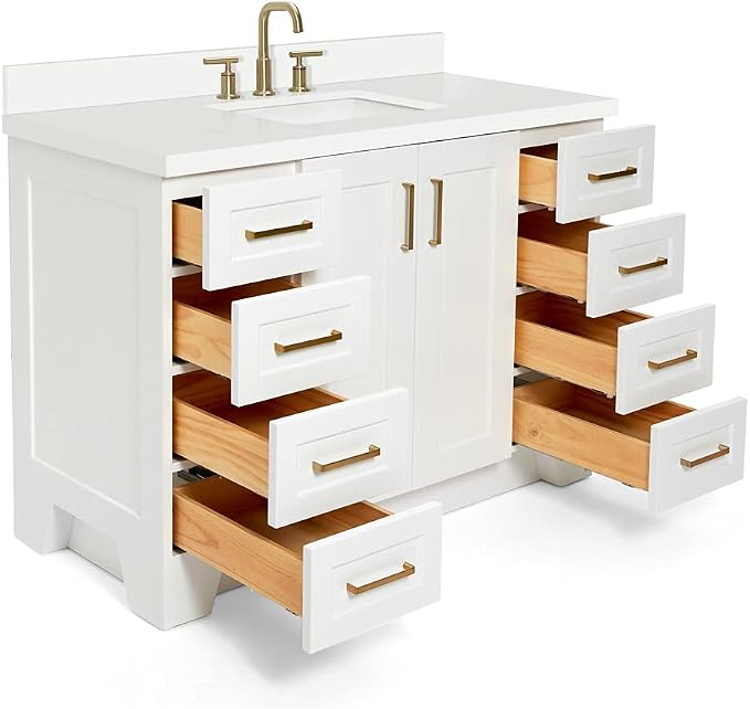 ARIEL 49" White Bathroom Vanity, 1.5" Edge Pure White Quartz Countertop & Splash - Image 7