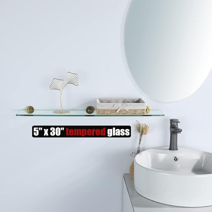 JQK Bathroom Glass Shelf Gold, Tempered Glass Shower Storage 30 by 5 inches - Image 3