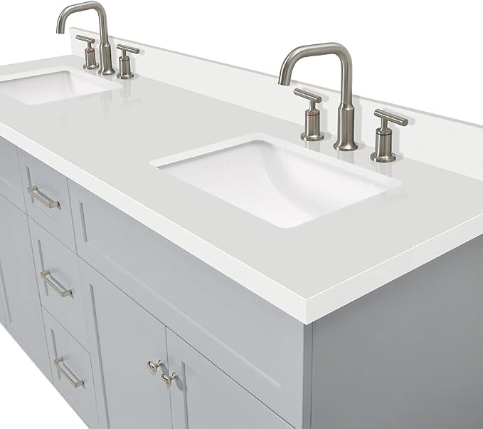 ARIEL 73" Grey Double Vanity 1.5" Edge Pure White Quartz Countertop & Splash - Image 4