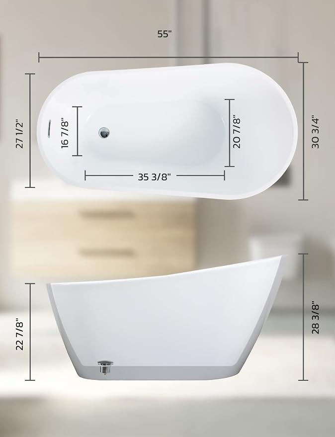 55 Inch Acrylic Freestanding Bathtub, Glossy White Contemporary Soaking Tub - Image 7