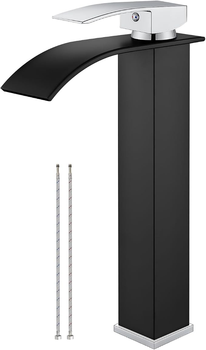 Airuida Tall Waterfall Spout Bathroom Faucet Matte Black&Chrome Polish Single by Airuida