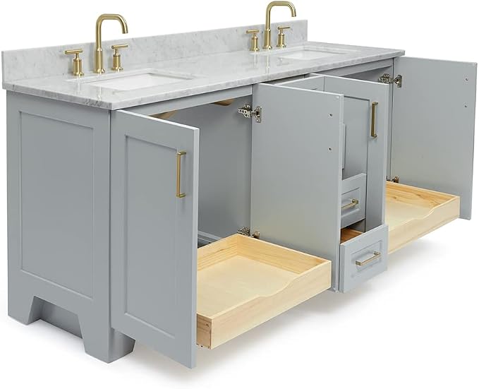 ARIEL 73" Grey Double Bathroom Vanity Italian Carrara Marble Countertop & Splash - Image 4