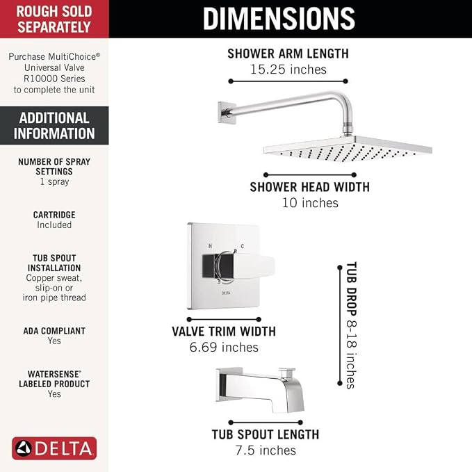 Delta Faucet Modern Raincan Square Single-Function Tub and Shower Trim Kit - Image 3