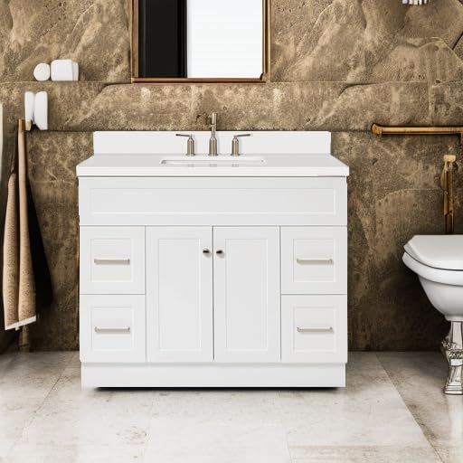 ARIEL Hamlet 43 Inch Single Sink Bathroom Vanity in White, 1.5" Edge Quartz Top - Image 5