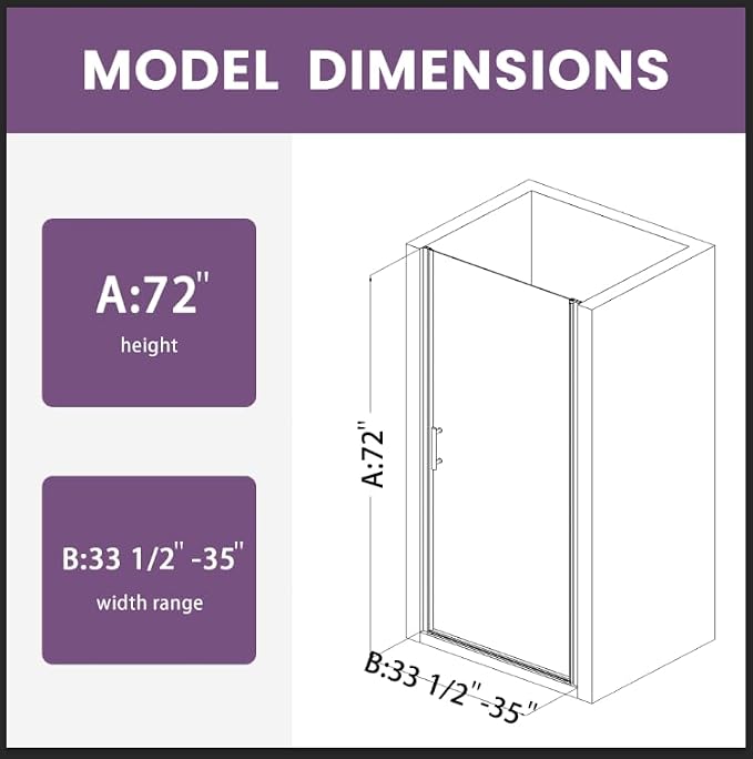 Pivot Shower Door 33.5-35" W x 72" H, Semi-Frameless Shower Door - Image 9