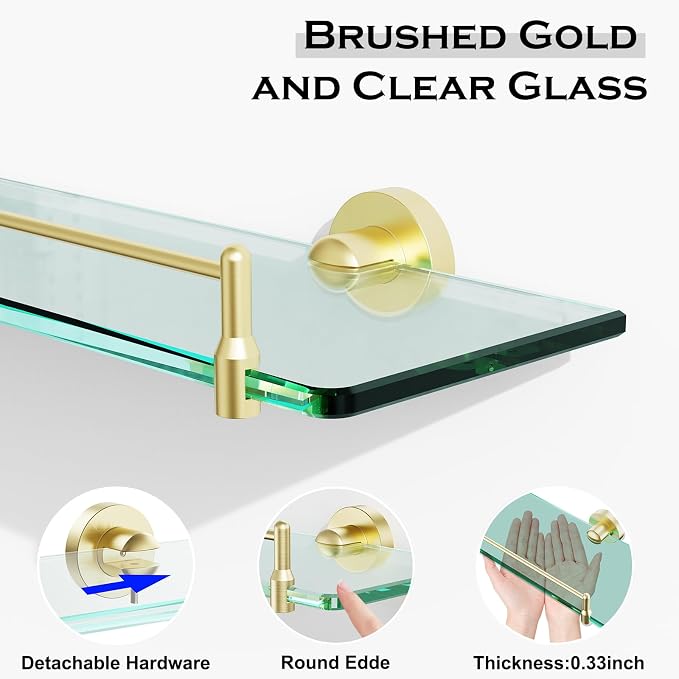 24 Inch Glass Bathroom Shelves, Brushed Gold Floating Shelves - Image 6