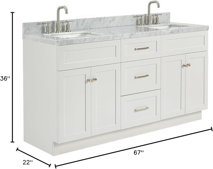 ARIEL Hamlet 67" White Double Vanity, 1.5" Edge Italian Carrara Marble - Image 2