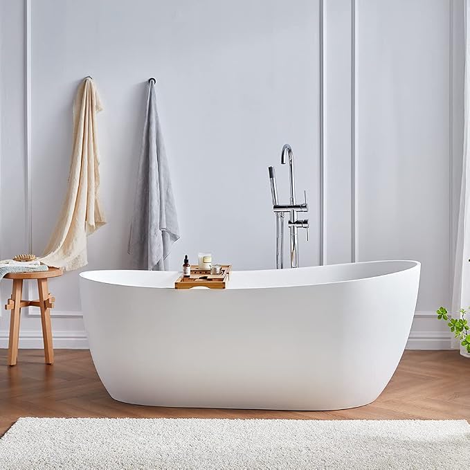 Cpingao Matte White Stone Resin Solid Surface Freestanding Bathtub, Modern - Image 6