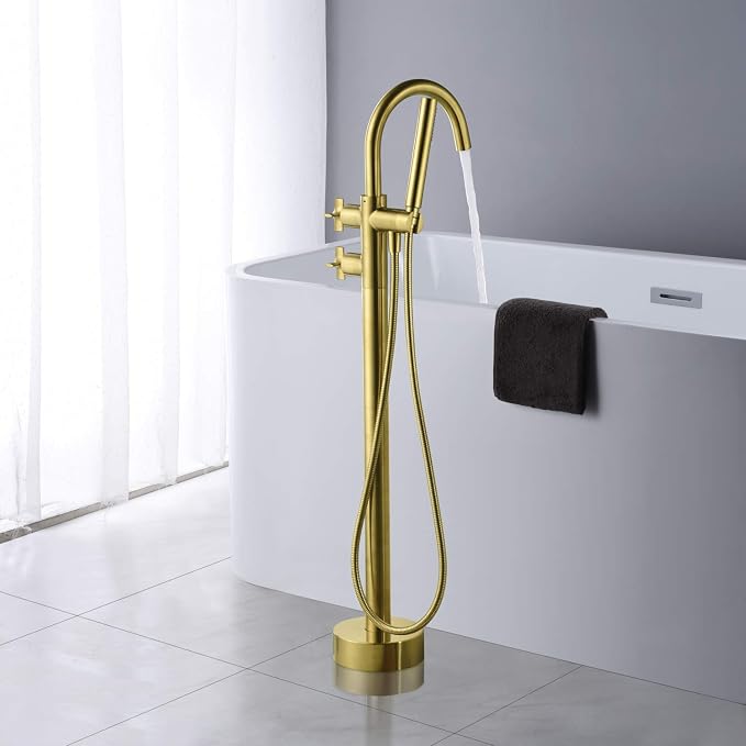 Freestanding Tub Filler Bathtub Faucet Brushed Gold Floor Mount Brass Bathroom - Image 3