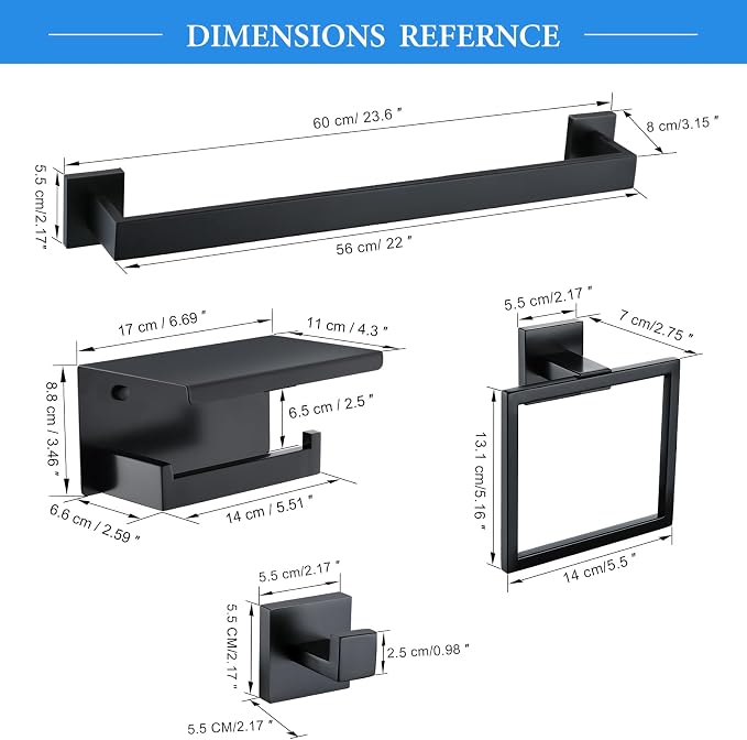 TNOMS 6-Piece Black Bathroom Hardware Set 23.6 Inch Towel Bar Set Double Towel - Image 7