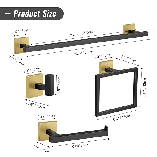 YACVCL Towel Bar Set, 5-Piece Black and Gold Bathroom Hardware Set, SUS304 - Image 6