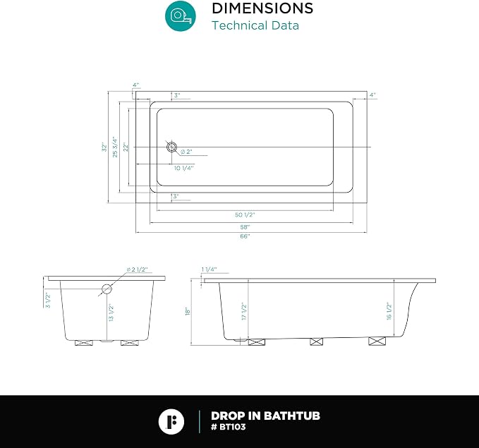 Fine Fixtures Drop In White Soaking Bathtub, Fiberglass Acrylic Material - Image 7