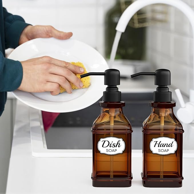 Soap Dispenser - 2 Pack, Antique Design Thick Amber Glass Hand Soap Dispensers - Image 8