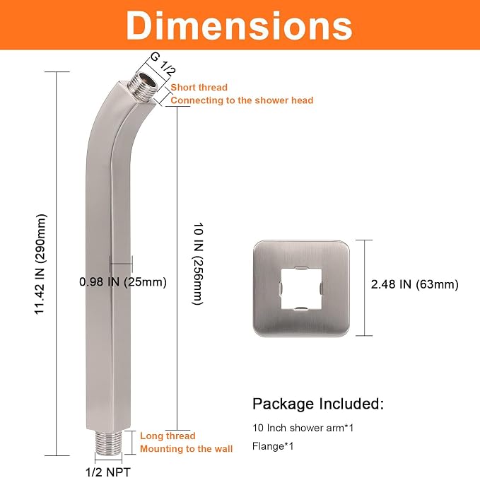 HarJue Shower Arm with Flange and Teflon Tape, Wall Mounted Square Shower Pipe - Image 2
