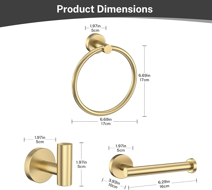 4-Piece Brushed Gold Bathroom Hardware Set, Toilet Paper Holder & 2 Robe - Image 6